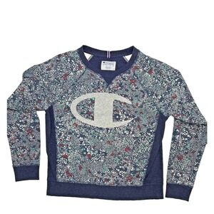 Champion Women Sweatshirt M Navy Blue Multi Color Spot Athleisure Big Logo Comfy